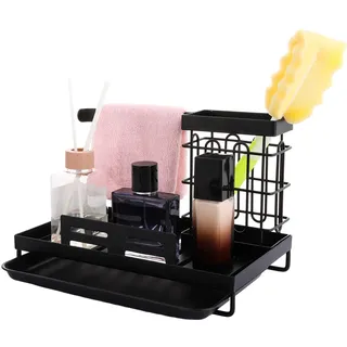 ASelected Spülbecken Organizer Küchenorganizer Edelstahl Utensilien Korb mit Abflusspfanne Schwammhalter Bürste Geschirrtuchhalter Spüle Organizer für Küche Badezimmer