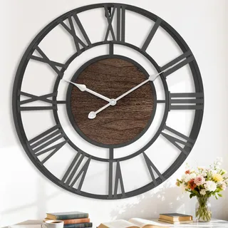 Pytha Sight Wanduhr Groß 40 cm Modern Schwarz Metall mit Walnuss, Lautlos | Wanduhr Vintage Industrial Design mit Großen Römischen Ziffern, ohne Tickgeräusche, für Wohnzimmer, Küche, Büro und Esszimmer
