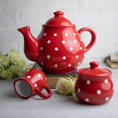 City to Cottage® - Großes Tee Set | Rot und Weiß | Polka Dots | Handgemacht | Keramik Teekanne 1,7 Liter, Milchkännchen, Zuckerdose