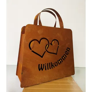 Edelrost Große Handtasche 32x37 Tasche zum Bepflanzen Willkommen mit 2 Herzen Rost Pflanztasche Blumentopf Windlicht Edelrost Gartendeko