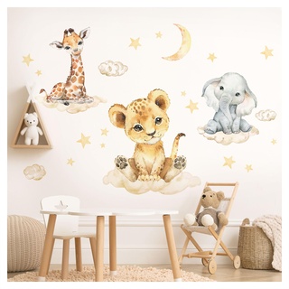 DEKO KINDERZIMMER Wandsticker Safari Tiere mit Wolken Kinderzimmer Wandtattoo Dschungel Löwe Elefant Wandaufkleber Babyzimmer Deko DK1029-3