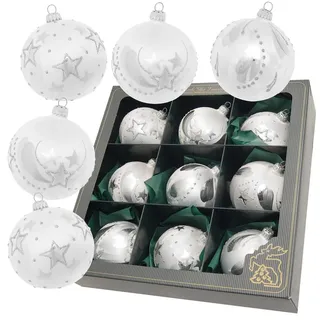 Krebs Glas Lauscha Weiß-Eislack 8cm Glaskugelsortiment 3 Dekore, 9-fach, mundgeblasen,