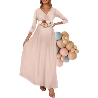 Kims Umstandskleid Maxikleid mit Blumenschärpe, Geraffter V-Ausschnitt, Fotoshooting-Kleid mit Tasche - Beige - Groß