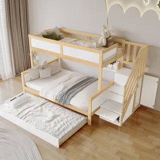 Flieks Etagenbett 90x200 / 120x200cm mit Ausziehbett, Hochbett mit Treppe, Kinderbett mit Ablagen, Stockbett mit Rausfallschutz und Lattenrost - Weiß, Naturbelassen
