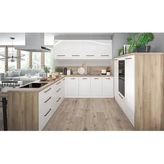 Feldmann-Wohnen Winkelküche Essen weiß matt / weiß Hochglanz, Abschlussrahmen weiß matt / Grey Craft Oak 13-teilig , Metall , U-Form,Rechteckig , 250x207x289 cm , Küchen, Küchenzeilen & Küchenblöcke, Eckküchen, Eckküchen ohne Geräte