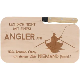 Spruchreif | Brotzeitbrett mit Messer "Leg dich nicht mit einem Angler an..." – Graviertes Holzbrett mit Angel-Motiv | Witziges Geschenk für Angler & Fischliebhaber