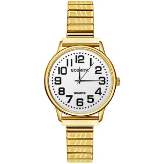 JewelryWe Uhren Damen Elastisch Edelstahl: Klassische Einfache Analog Quarz Armbanduhr Frauen Gold Edelstahl Stretch-Armband Geschäft Lässige Uhr Damenuhr mit großen arabischen Zahlen Zifferblatt