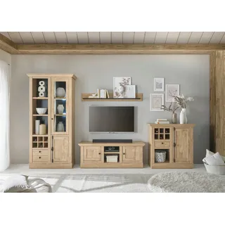 Home Affaire Wohnwand »Cornwall, Anbauwand im Landhausstil, Wohnzimmer-Set, Eiche Dekor«, (Set, 4 St.), enthält Vitrine, Lowboard, Kommode, Wandboard, 382 cm breit, braun