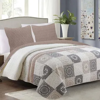 Tagesdecke Zweiseitige Bettüberwurf Allzweckdecke Steppdecke TAVIRA Sofa Bett Decken XXL Beige Ecru Grau (3 TLG Set) 220x240cm + 2 Kissenbezüge 40x40 cm - Braun, Beige