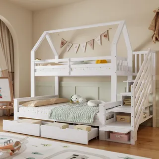 Merax Etagenbett 90x200cm/140x200cm mit Rausfallschutz, Hochbett mit Stauraumtreppe und Regal, Kinderbett mit Schubladen, Kieferholz Jugendbett, Weiß - Weiß