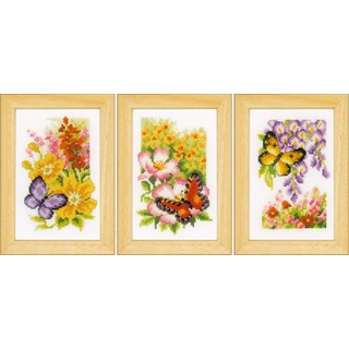 Vervaco Miniaturen Blumen & Schmetterlinge Aida 3er Stück Kreuzstickpackung zum Auszählen, weiß, 8 x 12 x 0,3 cm