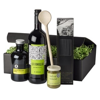 Wein-Geschenkset "Kochbox La Famiglia" | 1 Flasche Rotwein, Spaghetti, Basilikumpesto und Olivenöl in hochwertiger Präsentbox