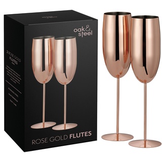 Oak & Steel 2 Kupferne Champagner Gläser aus Edelstahl (280ml, Roségold) - Bruchsichere Sektgläser/Prosecco Gläser mit Geschenkbox