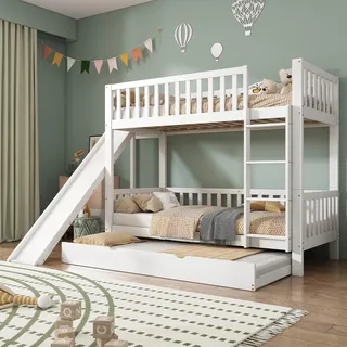 Etagenbett - 90 x 200 cm , Weiß , Samt und Kiefernholz , mit Rutsche , mit Ausziehfunktion , ohne Matratze - Weiß