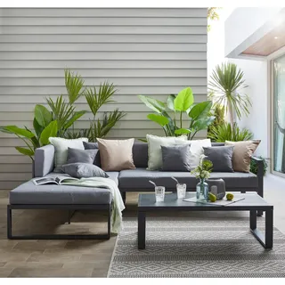 Ambia Garden Loungegarnitur , Anthrazit, Grau , Metall, Textil , Füllung: Schaumstoff,Komfortschaum,Komfortschaum , Ottomane links, L-Form , 248x180 cm , rostfrei, wetterbeständig , Gartenmöbel, Loungemöbel, Loungegarnituren