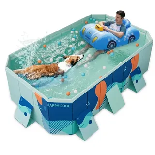 Faltbarer Swimmingpool – 2,23 m Robustes PVC-Badebecken für Hunde und Haustiere, großer Gartenpool mit Ablassventil & rutschfestem Boden, inkl. Bälle & Reparaturset – Blau