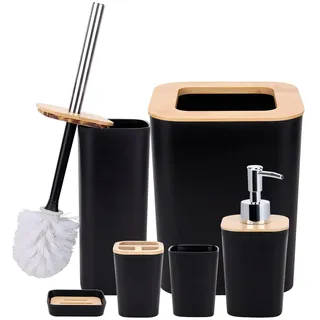 7-teiliges Badezimmerzubehör-Set aus Bambus, Lotionsflaschen, Zahnbürstenhalter, Zahnputzbecher, Seifenschale, Toilettenbürste, Abfalleimer, Tablett