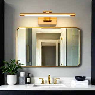 TYhogar LED Spiegelleuchte Badezimmer 40cm 8W, 3000K Wandleuchte Spiegellampe LED-Bilderleuchte mit Schwenkbarem Lampenkopf spiegelbeleuchtung Messing