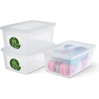 Iris Ohyama, Mehrzweck-Aufbewahrungsbox, 11L, 3er-Set, Einfacher Verschluss, Stapelbar, Transparenter Recycelter Kunststoff, für Schrank, Regale, Schule, Spielzeug, Schreibwaren, Schuhe, MCB-11