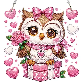 MISCER Eule Diamond Art painting Anhänger Windspiel, Rosa Herzen Diamond Painting Anhänger mit Kette für Kinder Erwachsene, Hängende Ornament Bastelset Set für Tür Garten Wand Valentinstag Deko