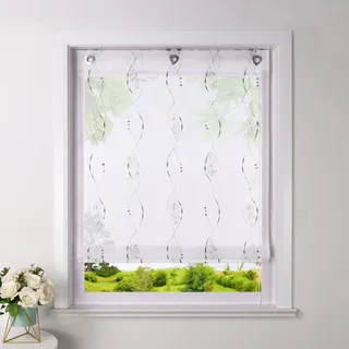 Heichkell Raffrollo ohne Bohren Voile Raffgardine mit Ösen Transparenter Vorhang mit Hakenaufhängung Ösenrollo mit Moderner Stickerei Grau BxH 60x140cm