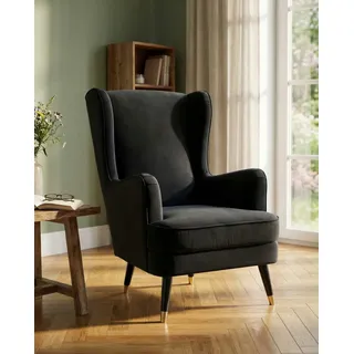 Home Affaire Ohrensessel ZILLER Cord, Samtvelours 70 x 105 x 91 cm schwarz mit Holzfüssen