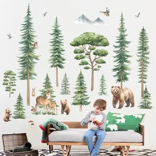 decalmile Wandtattoo Baum Groß Kiefer Wandaufkleber Waldtiere Baum Bär Hirsch Wandsticker Kinderzimmer Wohnzimmer Schlafzimmer Wanddeko