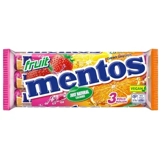 Mentos Fruit Dragees, Frucht-Bonbons Orange, Zitrone und Erdbeere, Kaubonbons mit fruchtigem Geschmack, Süßigkeiten (3 Rollen), vegan