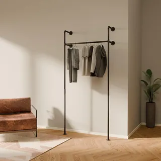 pamo Kleiderstange Wandmontage 105 x 222 cm - Offener Kleiderschrank Kleiderständer industrial schwarz aus Metall Wasserrohren - 140 kg Traglast