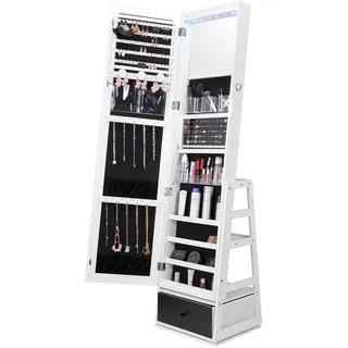 Vevor Schmuckschrank mit Spiegel, 360° schwenkbarer Standspiegel mit Aufbewahrung, abschließbarer Organizer mit Ganzkörperspiegel & Samtfutter & LED-Licht Schublade, freistehender Schmuckschrank