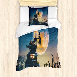 ABAKUHAUS Fantasy World Mantele, Mond-Halloween-Königin, Milbensicher Allergiker geeignet mit Kissenbezügen, 135 cm x 200 cm - 80 x 80 cm, Blau Gelb - Blau
