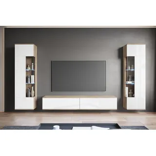 INOSIGN Wohnwand INOSIGN "Kenia, Vitrine Türanschlag links/rechts wechselbar", braun (eiche sonoma, weiß hochglanz), Glas, Hartfaserplatte, Holzwerkstoff, Kunststoff, Kastenmöbel-Sets, Wohnwand, Vitrinen mit Eckverglasung, hängend und stehend montierbar