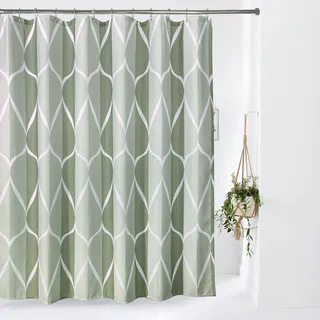 VANZAVANZU Geometrisch Duschvorhang mit Metall Duschvorhangringe Stoff Textil Badewannenvorhang Anti Schimmel Bad Vorhang Set Wasserdicht Schwerer Badewanne Vorhang - 182 x 182cm (Grün)