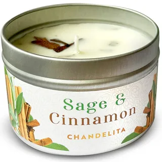 Chandelita Duftkerze Mit Ätherische Öle Naturrein aus Salbei Und Zimt für Meditation & Reinigung – Duftkerzen aus Sojawachs – Vegane Kerze – Aromatherapie Candle – Chakra Kerze