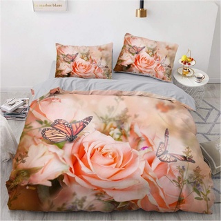 Luowei Bettwäsche Rosen 135x200cm Rosa Blüten Schmetterling Vintage Floral Bettbezug Set Weiche Microfaser Bettbezug und 2 Kissenbezug 80 x 80cm für Einzelbett