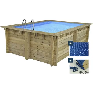 Rechteckiger Holzpool "Maldives " – 3,20 x 3,20 x 1,24 M + 180 μm Luftpolsterfolie – 280 g/M2 Winterabdeckung