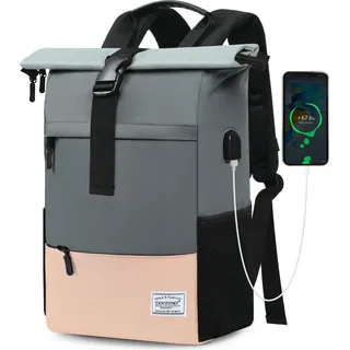 Grosser Reise-Rucksack für Frauen, Laptop-Rucksack für Frauen, unier Rolltop-Rucksack, wasserdichter Rucksack für Herren - Hellrosa, Hellgrau