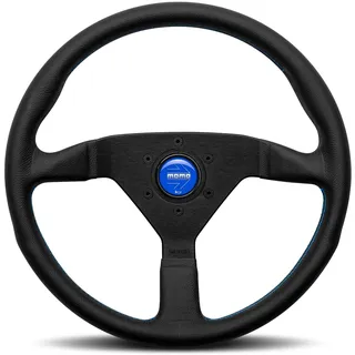MOMO Motorsport Montecarlo Straßenlenkrad, schwarzer Ledergriff, gebürstetes schwarz eloxiertes Speichen-Finish, blaue Nähte, 350 mm