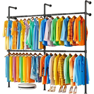 FTEYUET Kleiderstange Wandmontage, Offener Kleiderschrank, 124-219x218 cm | Kleiderstangen Wandsystem, Begehbarer Kleiderschrank, Schwerlast Kleiderständer, Garderobenständer Industrielle, Schwarz