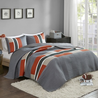 Comfort Spaces 2 Piece Quilt Coverlet Bedspread All Season Lightweight Hypoallergenic Pipeline Colorblock Kids Bedding Set, Twin/Twin XL, Pierre Grey Orange Stripe