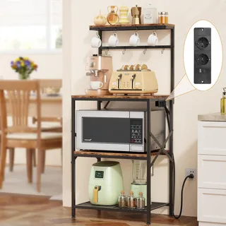 AIORBER Küchenregal mit Steckdose 4 Ebenen Mikrowellenregal mit Haken höhenverstellbar Kaffee Bar Regal freistehend Metall Holz Braun