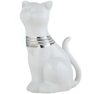 Ambia Home Dekokatze , Silberfarben, Weiß , Keramik , Uni , Katze , 14.5x20x9.5 cm , sitzend, handgemacht , Dekoration, Dekofiguren & Skulpturen, Dekotiere