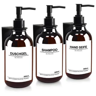 Seifenspender Wandbefestigung- 3er Set 500ml Shampoo Flaschen zum Befüllen,Seifenspender Wand Ohne Bohren mit Edelstahl Wandhalterungen, Shampoo Spender für Küche und Dusche Braun
