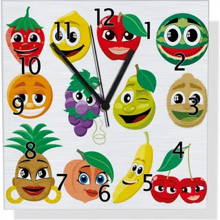 Wallario Design Wanduhr Obst-Smilies im Comic-Stil - Lustige Früchte aus Aluverbund, Größe 30 x 30 cm - Weiß