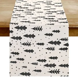 Läufer Weihnachten 40x140 Beige mit Schwarz Bäume Muster, Tischläufer Weihnachten Winter Modern, Innen Weihnachtsdeckchen Abwaschbar, Weihnachtstischdecke Läufer für Weihnachtsdeko Tischdeko