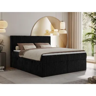 MKS MEBLE Boxspringbett 200x200 Schwarz Cord, Boxspringbett mit Matratze H3, Bett 200x200 mit Bettkasten and Kopfteil, Doppelbett mit Stauraum, Polsterbett 200x200 - Tiliano - Schwarz
