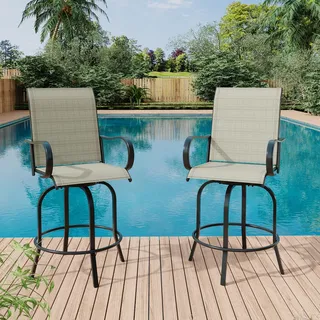 IDEALHOUSE 2er Set Outdoor-Barhocker (Barhöhe) mit 360° Drehfunktion – hohe Rückenlehne & Armlehnen – wetterfestes Textilene – für Terrasse, Balkon & Garten – Farbe: Braun