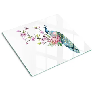 Tulup Glasplatte 60x52 cm Pfau und Blumen , Multicolor , Glas , 60x0.4x52 cm , Küchen, Küchenelektrogeräte, Herde, Herdabdeckplatten