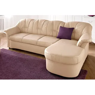 Ecksofa DOMO COLLECTION "FLORES Schlafsofa, 233x142x86 cm, L-Form", beige (creme), B:231cm H:84cm T:142cm, Kunstleder SOFTLUX / Struktur ( 90% Polyester, 10% Polyacryl );NaturLEDER (echtes Rindsleder) in Sitz und Rücken. Korpus in passendem Kunstleder SOFTLUX bezogen;Microfaser PRIMABELLE (100% Polyester) / Struktur ( 100% Polyester ), Sofas, Ecksofa, wahlweise mit Bettfunktion, wahlweise mit Federkern, auch in Leder