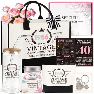 TUZELIYA 40 Geburtstag Frauen - Vintage 1986 Geburtstagsgeschenk Set für Mama, Freundin, Kollegin, Schwester - 7tlg inkl. Canvas-Shopper, Kosmetiktasche, Trinkglas, Duftkerze, Schlüsselanhänger, Karte